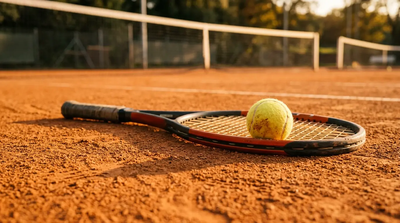 Bola de ténis e raquete sobre um court de terra batida com rede ao fundo