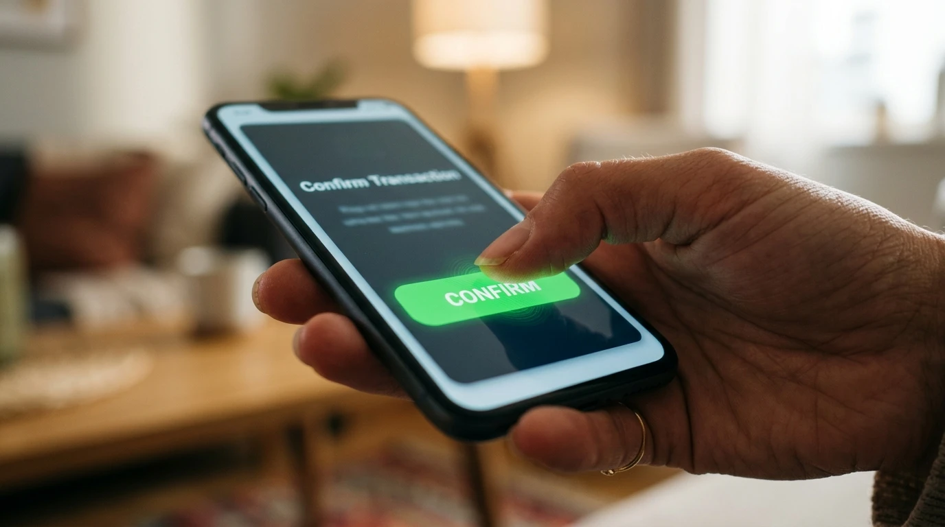 Dedo a tocar num botão verde de confirmação no ecrã de um smartphone