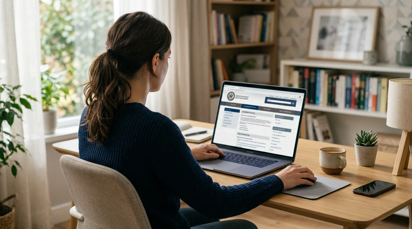 Pessoa a verificar informação num site oficial no ecrã de um computador portátil