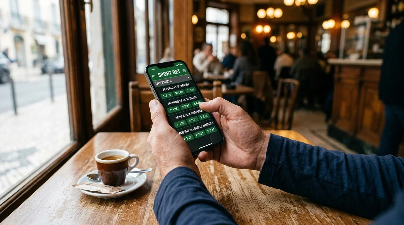 Apostador a comparar casas de apostas num smartphone em Portugal