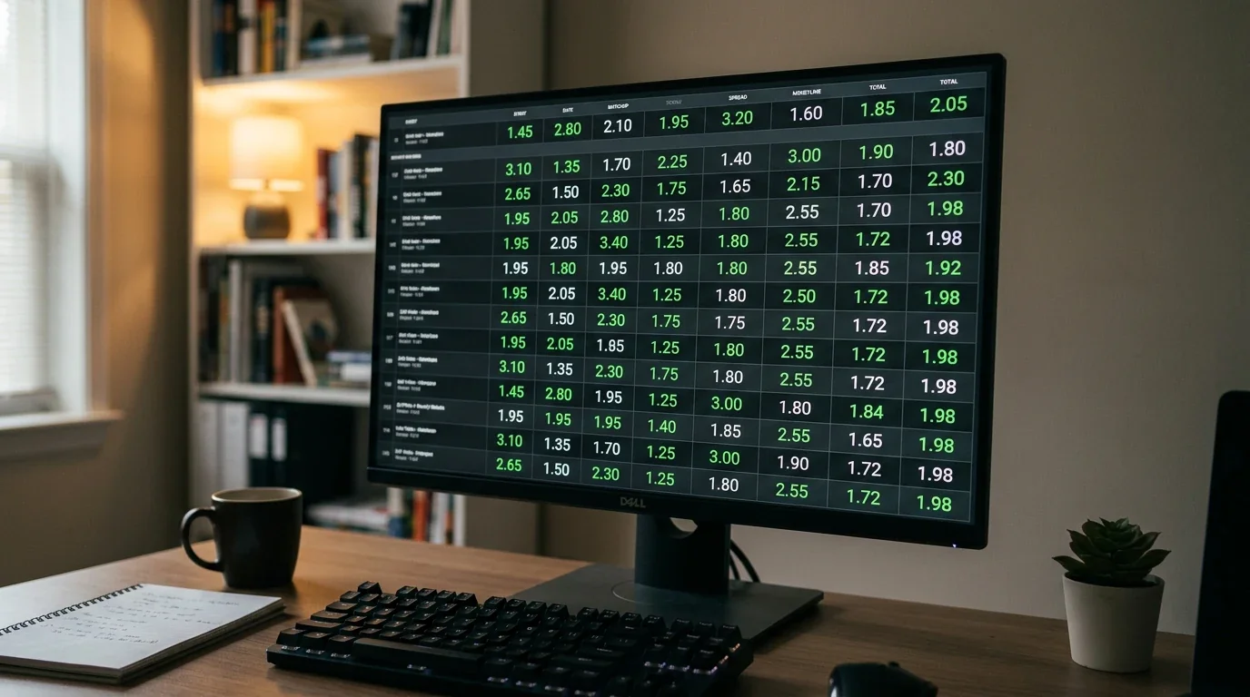 Tabela de odds desportivas num ecrã de computador com números decimais