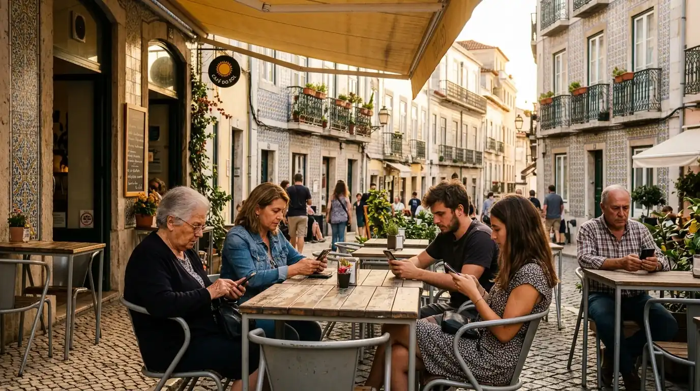 Grupo diverso de pessoas a olhar para smartphones numa esplanada em Lisboa