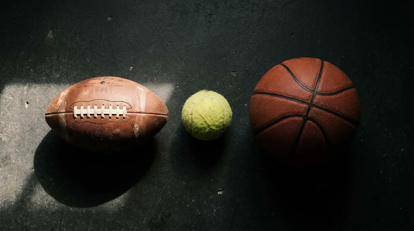 Vários desportos representados com bolas de futebol, ténis e basquetebol numa superfície